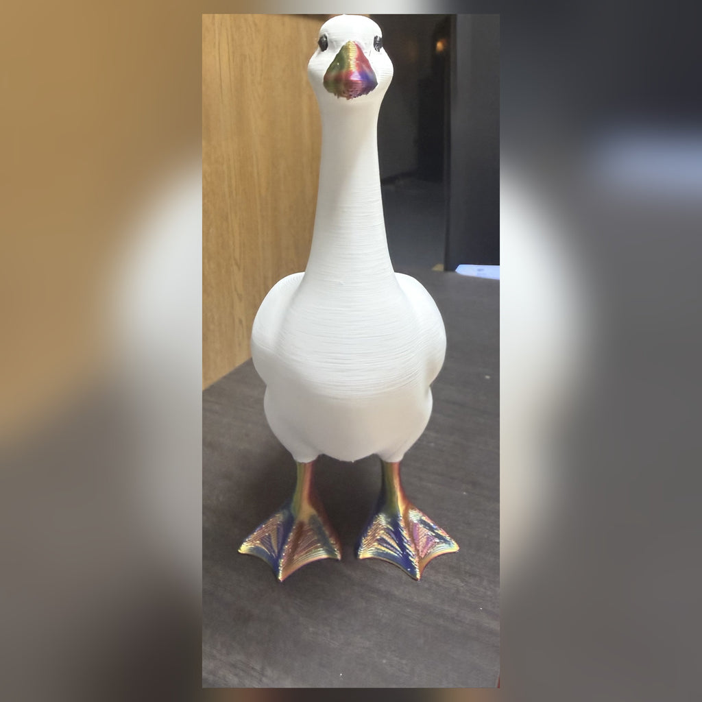 3D printed desk goose, front close-up