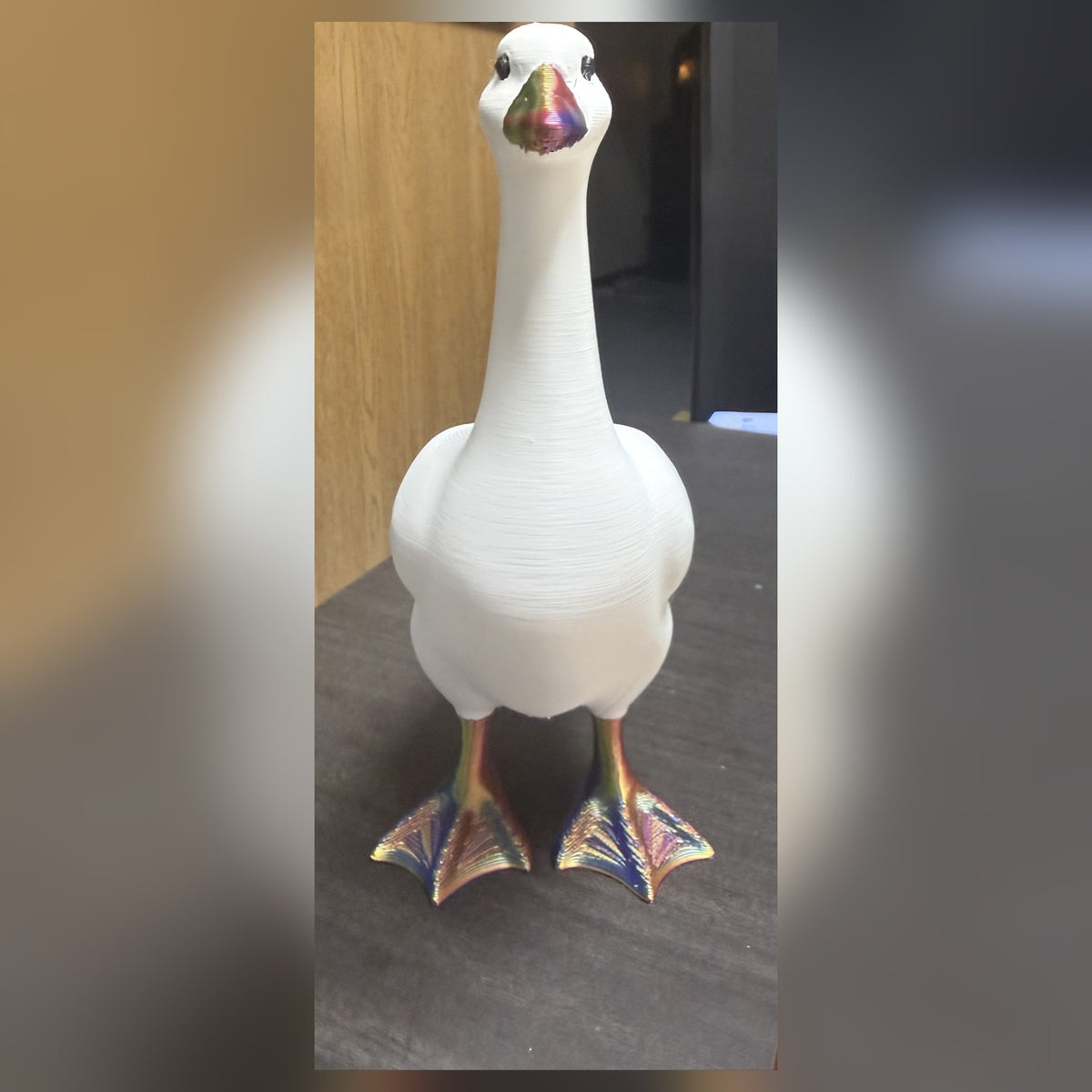 3D printed desk goose, front close-up