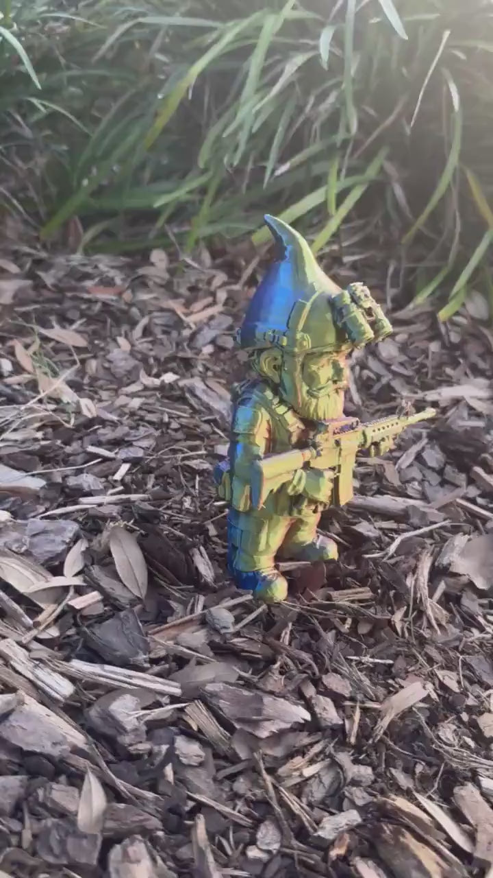 3-D Printed Tactical Gnome Garden Decor: Rainbow Camo, Military Style