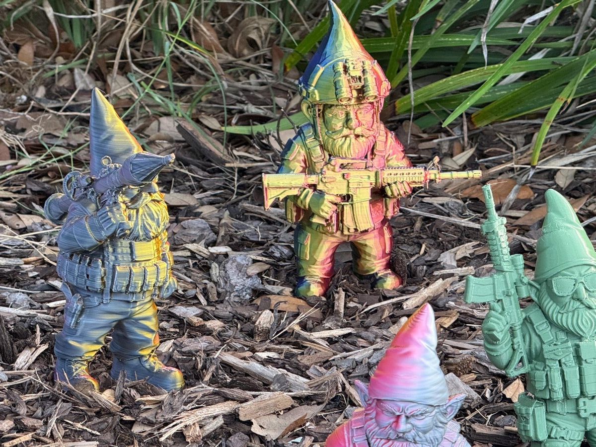 3-D Printed Tactical Gnome Garden Decor: Rainbow Camo, Military Style