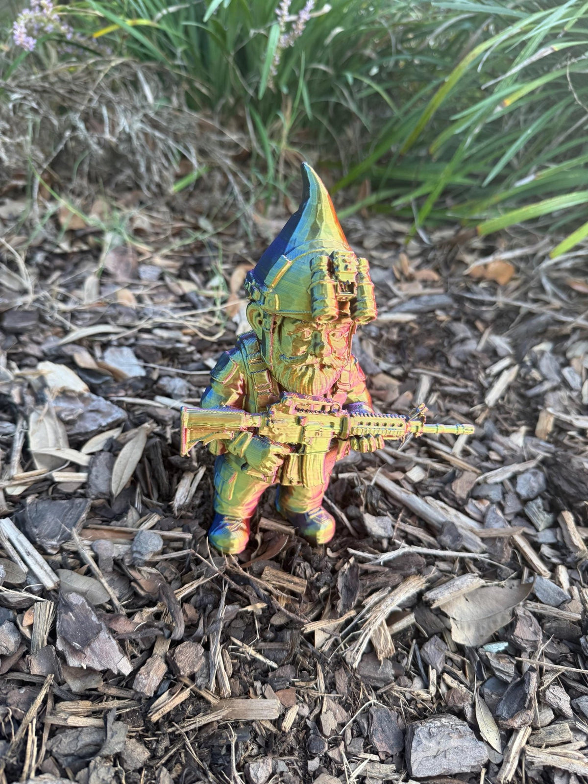 3-D Printed Tactical Gnome Garden Decor: Rainbow Camo, Military Style