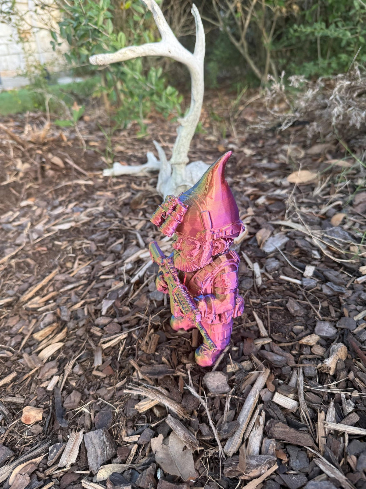 3-D Printed Tactical Gnome Garden Decor: Rainbow Camo, Military Style