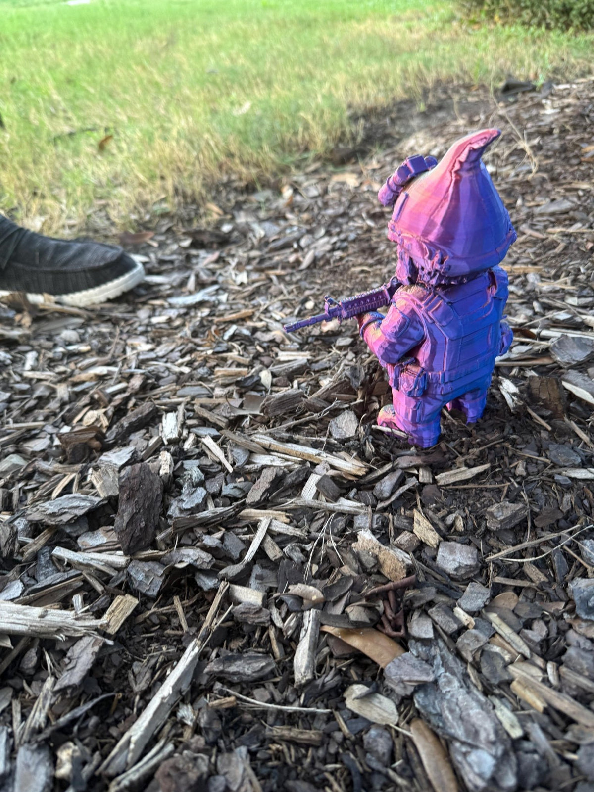 3-D Printed Tactical Gnome Garden Decor: Rainbow Camo, Military Style